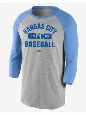 NIKE Cooperstown Kansas City Royals MLB Raglan 3/4 Sleeve Shirt Grey Blue Mens L